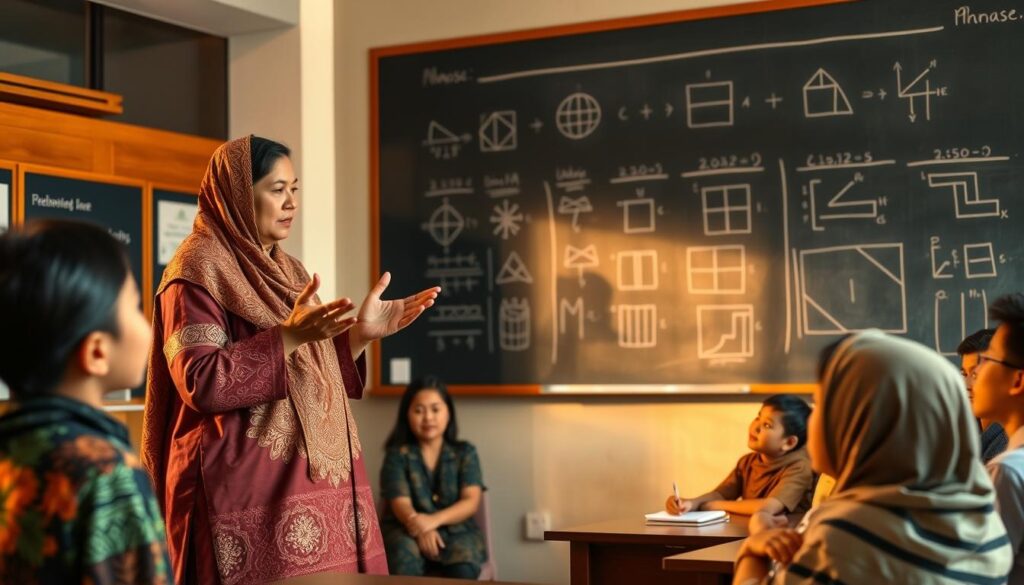 A classroom setting with a teacher, dressed in traditional Indonesian attire, standing before a group of students. The teacher gestures expressively as they explain a mathematical concept, using cultural elements like batik patterns or natural objects as teaching aids. Warm, diffused lighting casts a serene, contemplative atmosphere. The students, of diverse backgrounds, listen intently, their faces reflecting curiosity and engagement. In the background, a chalkboard displays cultural motifs intertwined with mathematical diagrams. An atmosphere of cultural exchange and learning permeates the scene.