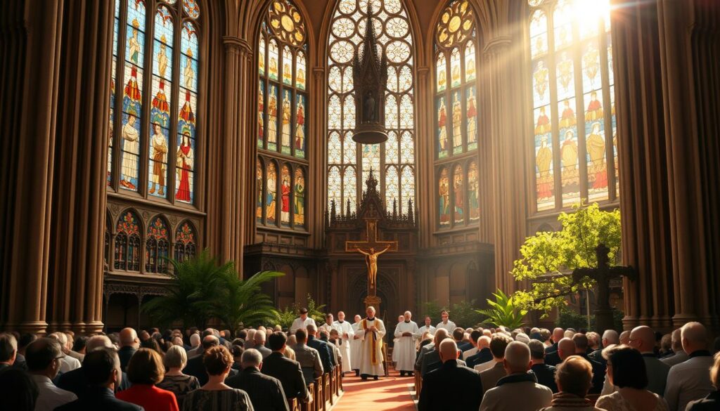 A grand cathedral with ornate stained glass windows, sunlight streaming in and casting a warm, reverent glow. In the foreground, a congregation of worshippers dressed in their Sunday best, kneeling in prayer. In the middle ground, clergy members leading a solemn procession, carrying a large, ornate cross. The background features lush greenery and a towering bell tower, adding a sense of timeless tradition. The scene conveys a reverent, celebratory atmosphere of Protestant Christian ritual and community.