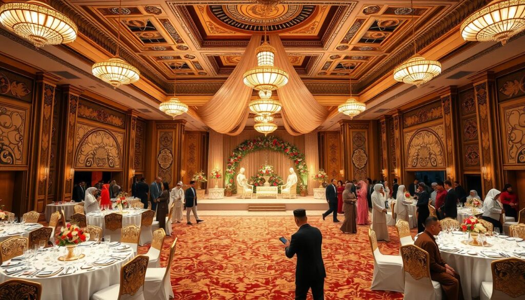 A grand, ornate reception hall with intricate architecture and luxurious furnishings. The centerpiece is a stunning display of traditional Malay wedding decor, featuring vibrant floral arrangements, gilded accents, and meticulously crafted fabric draperies. Elegant tables are set with fine china, silverware, and an abundance of traditional Malay delicacies. Soft, warm lighting casts a gentle glow, creating an atmosphere of celebration and elegance. Guests in traditional Malay attire mingle and converse, capturing the essence of a joyous Walimatul Ursy, or traditional Muslim wedding reception.