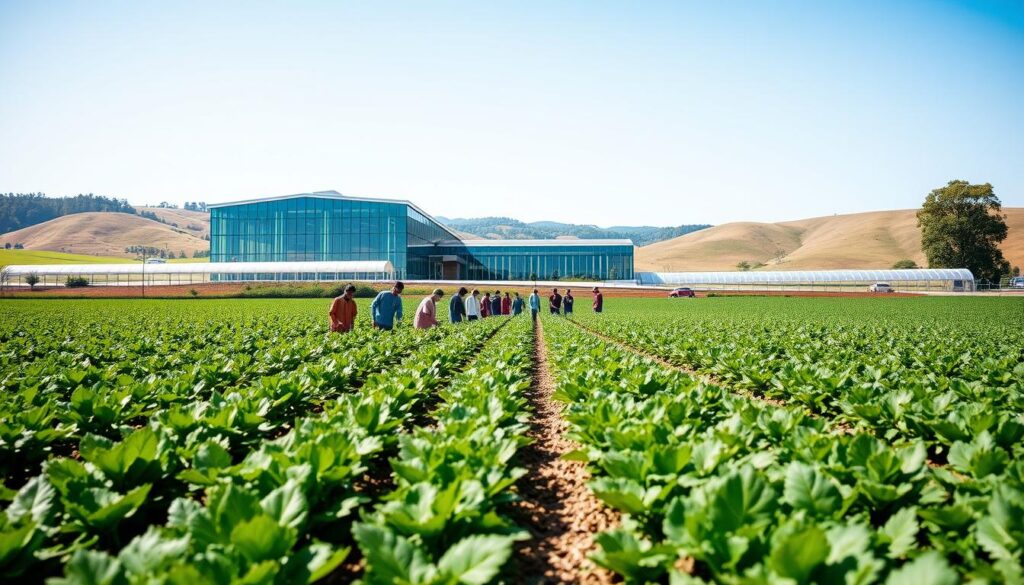 A lush, verdant field stretches out, dotted with rows of thriving crops. In the foreground, a group of enthusiastic students in casual attire engage in hands-on activities, tending to the plants with care and precision. The middle ground features a modern, well-equipped agricultural research facility, its glass-paneled exterior reflecting the sunlight. In the background, rolling hills and a clear blue sky create a picturesque, idyllic setting. The scene conveys a sense of education, innovation, and a deep connection to the land, embodying the essence of "program studi pertanian" - the agricultural study program.