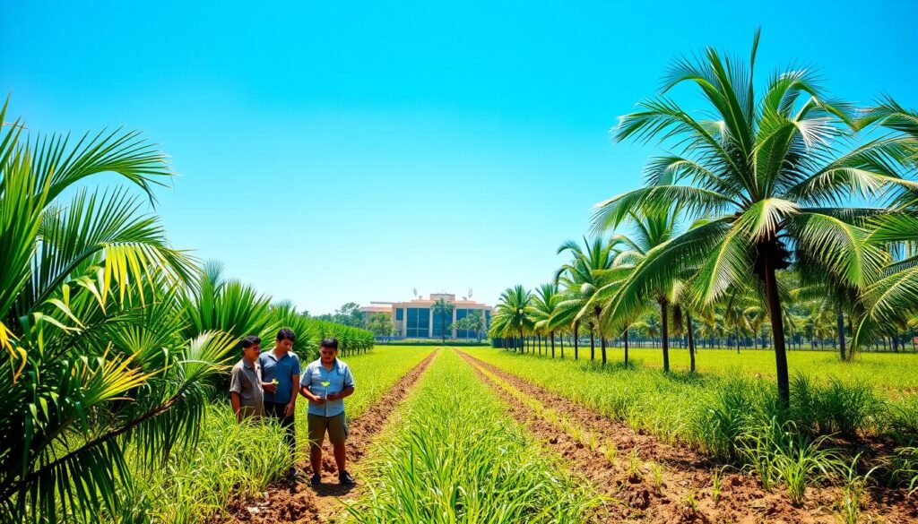 A lush, verdant palm oil plantation stretches out under a bright, azure sky. In the foreground, a group of students in agricultural attire examines a young sapling, their faces animated with curiosity and focus. In the middle ground, a well-equipped research facility stands, its modern architecture and satellite dishes hinting at the technological advancements powering the industry. Farther back, rows of towering palm trees sway gently in the breeze, their fronds casting dappled shadows on the rich, fertile soil below. The scene conveys a harmonious balance between education, research, and the sustainable cultivation of this economically vital crop, capturing the essence of educational support for the palm oil industry.