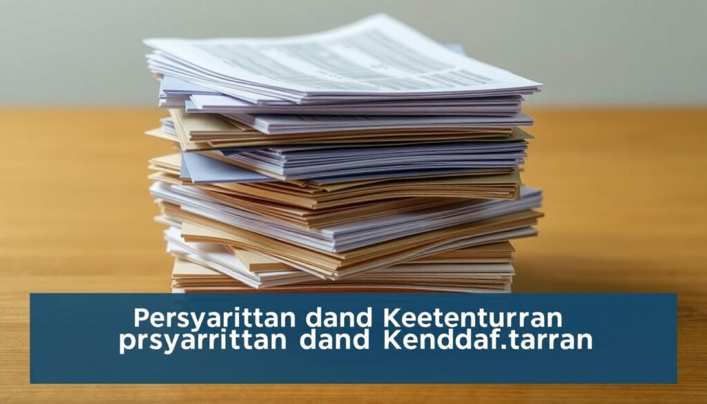 A neatly organized stack of official-looking documents, including application forms, checklists, and guidelines, set against a warm, wooden desk surface. Soft, diffused lighting illuminates the papers, creating a sense of professionalism and attention to detail. The arrangement suggests a methodical, well-structured application process, with a subdued color palette of beiges, browns, and grays to convey a sense of formality and authority. The overall scene evokes a feeling of diligence and a commitment to the scholarship application, setting the stage for the "Persyaratan dan Ketentuan Pendaftaran" section of the article.