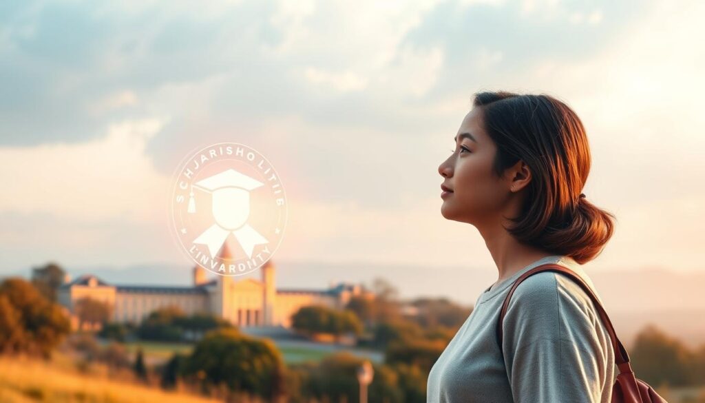 A serene landscape with a student standing in the foreground, gazing thoughtfully at a glowing, ethereal representation of educational opportunities symbolized by a floating scholarship emblem. The student's expression conveys a sense of gratitude and anticipation for the transformative potential of the scholarship. The middle ground features a university campus in the distance, its architecture bathed in warm, golden light, suggesting the future awaiting the student. The background is a dreamy, atmospheric sky with soft, wispy clouds, creating a sense of boundless possibilities. The overall scene evokes the profound impact a scholarship can have on shaping one's academic and personal journey.