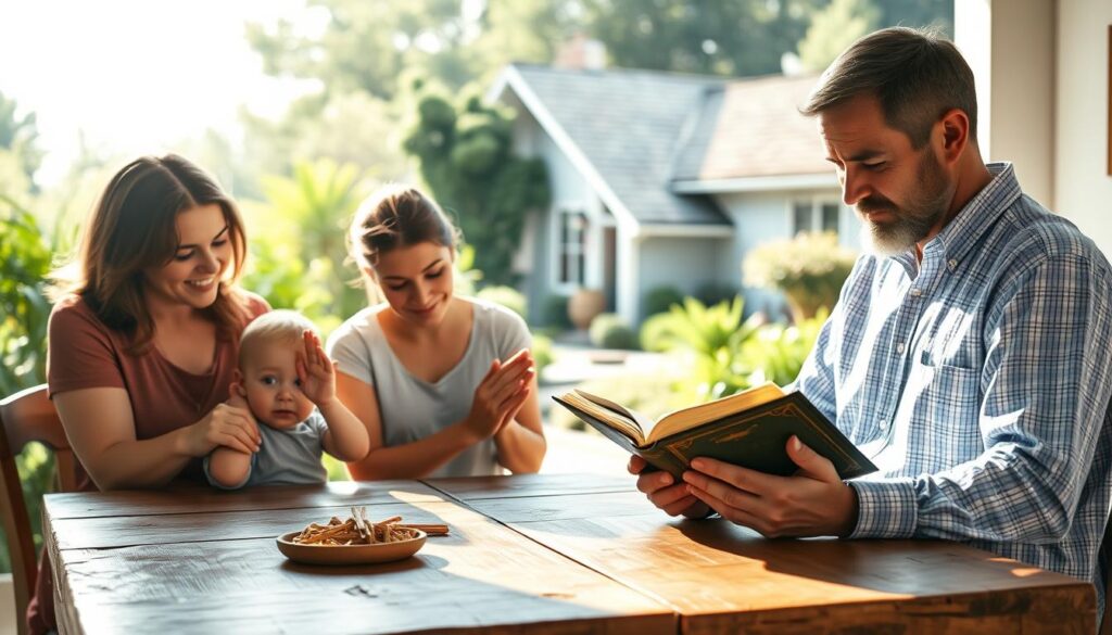 A serene, sun-dappled scene depicting the everyday application of Christian Protestantism's divine teachings. In the foreground, a family gathers for a simple, heartfelt prayer before a modest, well-worn dining table, their expressions radiant with reverence. The middle ground showcases a mother tenderly guiding her child's hands in a gesture of blessing, while the father reads from a weathered Bible, his brow furrowed in contemplation. In the background, a cozy, well-kept home nestled amidst a lush, verdant garden, symbolizing the peace and abundance that faith can bring to daily life. Soft, diffused lighting imbues the scene with a sense of tranquility and timelessness, as if glimpsing a moment of timeless spiritual practice.