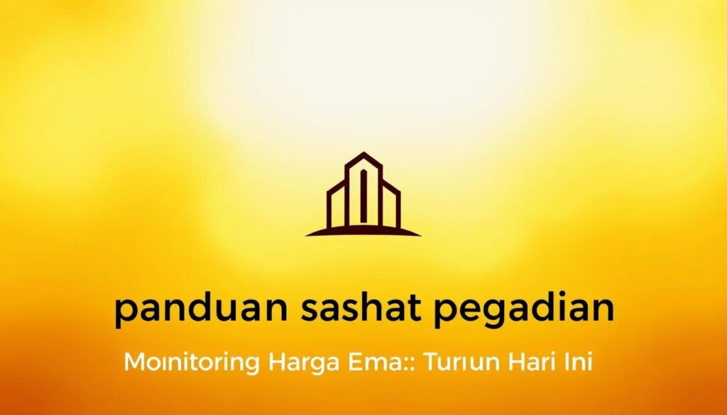 A sleek, modern illustration of "panduan sahabat pegadaian" against a warm, golden background. In the foreground, a stylized icon of a person or character representing a "sahabat", with clean lines and a friendly, approachable expression. In the middle ground, a simple yet elegant graphic depiction of the "pegadaian" concept, perhaps a building or logo-like symbol. The background is bathed in a soft, glowing light, evoking a sense of trust, reliability, and financial security. The overall composition is balanced, minimalist, and evokes a contemporary, professional aesthetic suitable for use in the article's "Monitoring Harga Emas: Turun Hari Ini" section.