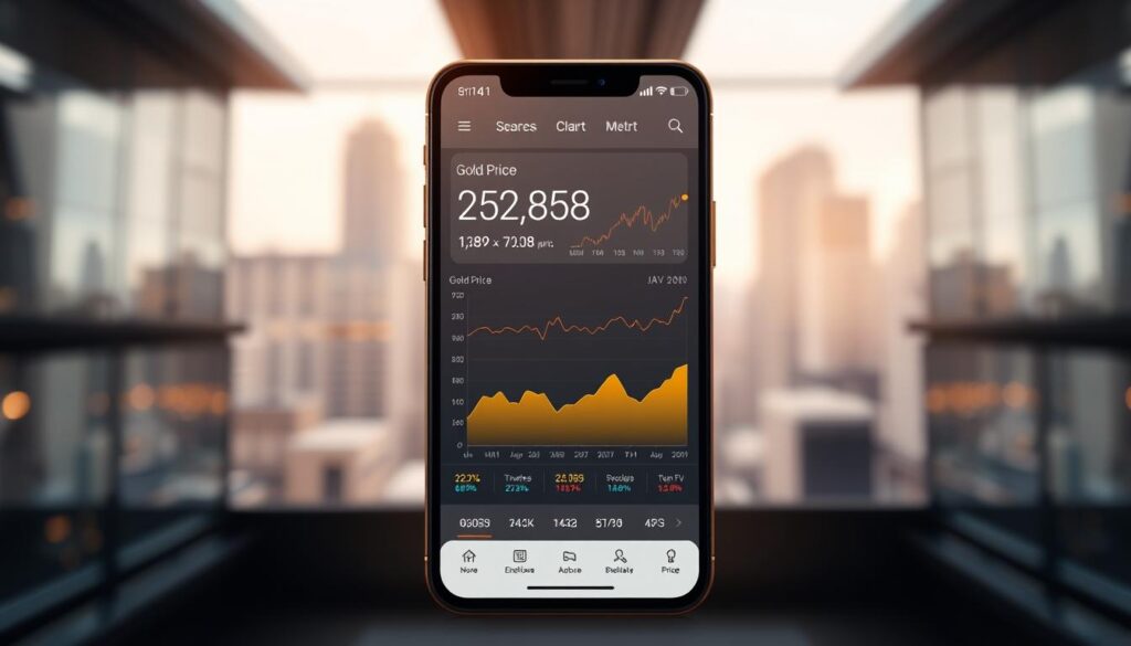 A sleek, modern mobile application interface showcasing real-time gold price data. The foreground features a clean, minimalist design with a large central display of the current gold price, presented in a bold, legible font. The middle ground includes elegant charts and graphs tracking price fluctuations, rendered in a palette of warm, metallic tones. The background depicts a softly blurred cityscape, evoking a sense of urban sophistication. Subtle lighting and camera angles give the scene a professional, high-tech atmosphere, conveying the application's utility as a powerful tool for monitoring the gold market.