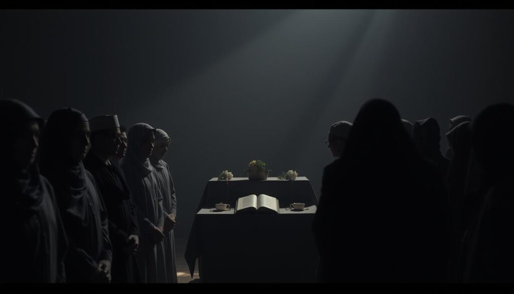 A somber, dimly lit scene of a traditional Islamic wedding ceremony. In the foreground, a group of people dressed in modest, conservative attire, their expressions grave and serious. In the middle ground, a simple altar adorned with only the essentials - a Quran, prayer beads, and a few flowers. The background is hazy, evoking a sense of reverence and solemnity. The lighting is soft and muted, casting long shadows and creating a contemplative atmosphere. The overall tone conveys the importance of avoiding extravagance and excess during this sacred event, in line with the principles of Islamic law.