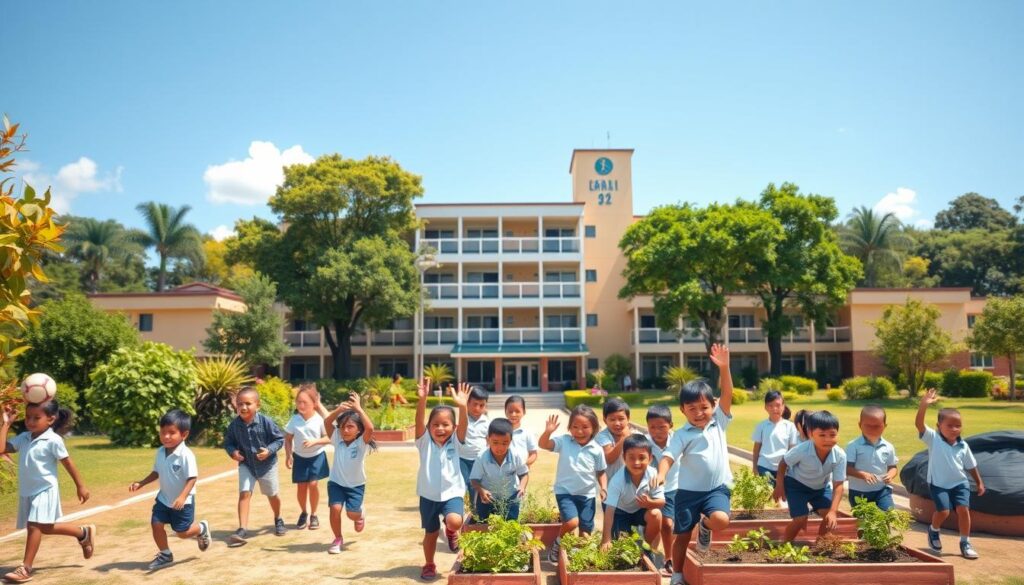 A vibrant and dynamic school campus set against a backdrop of lush greenery and a clear blue sky. In the foreground, a group of children in school uniforms enthusiastically engaged in various health-related activities, such as exercising, playing sports, or tending to a community garden. In the middle ground, the school building stands tall, with a well-maintained exterior and modern facilities, showcasing the government's commitment to providing a healthy and conducive learning environment. The lighting is warm and natural, capturing the sense of energy and vitality that permeates the scene. The overall atmosphere conveys a sense of pride, community, and a holistic approach to education that prioritizes the well-being of the students.