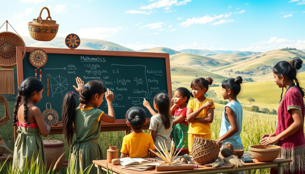 A vibrant and engaging scene depicting the benefits of Ethnomathematics for students. In the foreground, a diverse group of students of various ages and backgrounds gather around a chalkboard, exploring mathematical concepts through the lens of their unique cultural traditions. The middle ground showcases various cultural artifacts and tools, such as woven baskets, intricate beadwork, and traditional measuring instruments, highlighting the rich tapestry of mathematical knowledge embedded in diverse cultures. The background features a serene natural landscape, with rolling hills and a clear blue sky, symbolizing the harmony between traditional and academic mathematical practices. The lighting is warm and inviting, creating a sense of curiosity and wonder, as the students engage in collaborative learning and discovery. The overall composition conveys the empowering and transformative potential of Ethnomathematics in education.