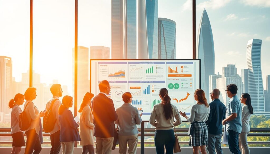 A vibrant scene depicting regional educational collaboration, set against a backdrop of a modern city skyline. In the foreground, a diverse group of educators, students, and local government officials engage in lively discussions, their body language conveying a sense of cooperation and shared purpose. The middle ground features a large, interactive display board showcasing data visualizations and plans for educational initiatives. Rays of warm, golden light filter through the windows, creating a welcoming and productive atmosphere. The background is dominated by sleek high-rise buildings, symbolizing the urban setting and the integration of local and national priorities. The overall composition conveys a vision of synergistic, multi-stakeholder partnerships driving the advancement of regional education.