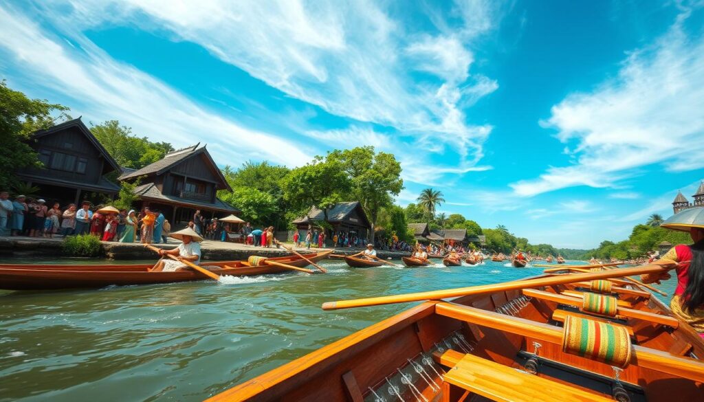 A vibrant traditional boat race scene, captured with a wide-angle lens. In the foreground, sleek wooden canoes, their colorful decorations and paddles in motion, propelling them swiftly across a tranquil river. Spectators line the riverbanks, their traditional garments and faces filled with excitement. In the middle ground, lush, verdant foliage and traditional wooden houses frame the dynamic event. The background is dominated by a clear, azure sky, with wispy clouds providing a sense of depth and atmosphere. The overall scene radiates a sense of cultural heritage, community, and the timeless traditions that have defined the local way of life for generations.