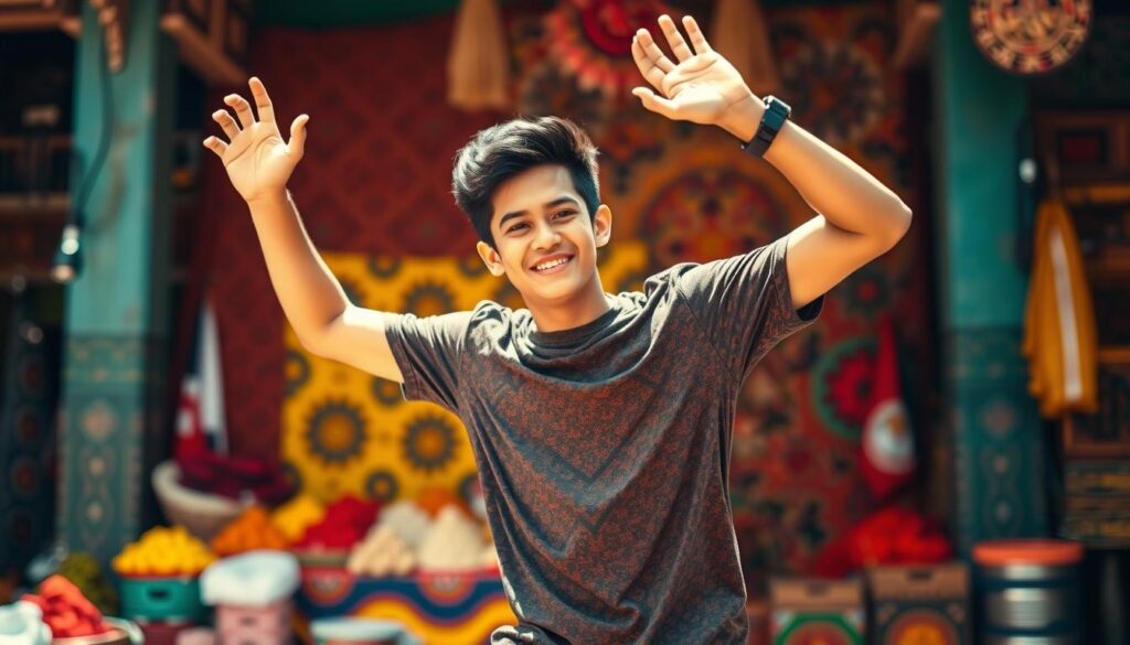 A young man, Rayyan Arkan, performing a viral dance move in a vibrant, colorful setting. The foreground features Rayyan in dynamic motion, arms raised, body twisting, expression exuding energy and joy. The middle ground showcases a lively, visually striking backdrop, perhaps a traditional Indonesian market or street scene, with bold patterns, textures, and colors that complement Rayyan's movement. The background subtly hints at the cultural context, with glimpses of iconic Indonesian architecture or landscape elements. Warm, natural lighting illuminates the scene, creating a sense of warmth and liveliness. The overall composition captures the infectious spirit of Rayyan's viral dance, reflecting the cultural phenomenon of Indonesian trends becoming global viral sensations.