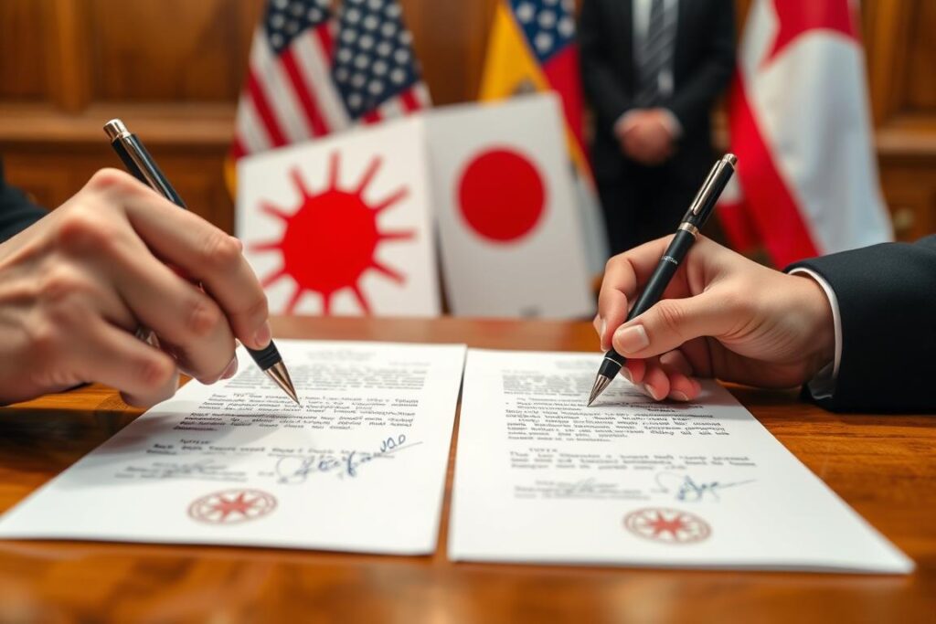 Dokumen perjanjian keamanan terbaru Politik Jepang-AS yang ditandatangani oleh pejabat kedua negara Dokumen perjanjian keamanan terbaru Politik Jepang-AS yang ditandatangani oleh pejabat kedua negara