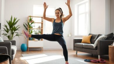 Woman performing light aerobic and strength training exercises at home