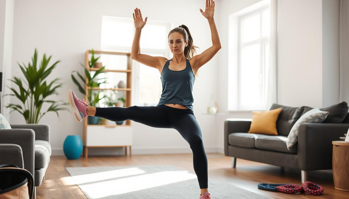Woman performing light aerobic and strength training exercises at home