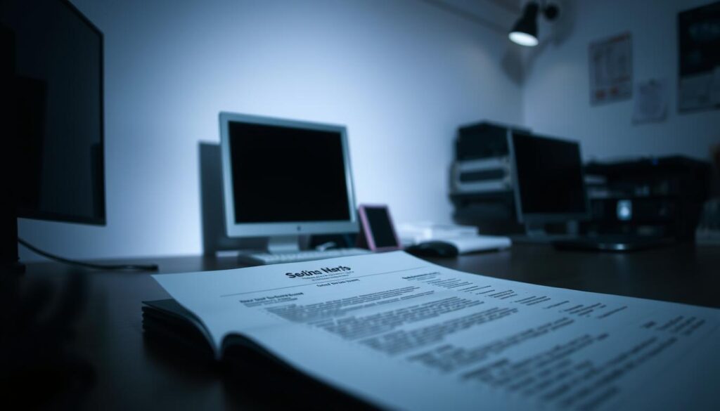 A dimly lit office space, with a desktop computer and various network equipment visible on the desk. The scene exudes a sense of professional focus and determination. In the foreground, a resume and cover letter lay open, suggesting the pursuit of a network engineer position. Soft, directional lighting creates subtle shadows and highlights the details of the workspace. The atmosphere conveys a balanced blend of technical expertise and career ambition, setting the stage for the next step in the journey towards a fulfilling network engineering role.