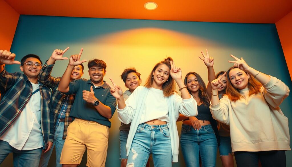 A dynamic TikTok video frame showcasing an engaging, on-trend social media content. A young, diverse group of people in casual attire gesturing and posing against a vibrant backdrop, capturing the energy and creativity of modern digital content creation. Warm, golden lighting illuminates the scene, highlighting the subjects' expressions and interactions. The composition is dynamic, with the subjects positioned at varying angles and depths, creating a sense of movement and visual interest. The overall mood is upbeat, youthful, and visually compelling, reflecting the captivating nature of successful TikTok content.