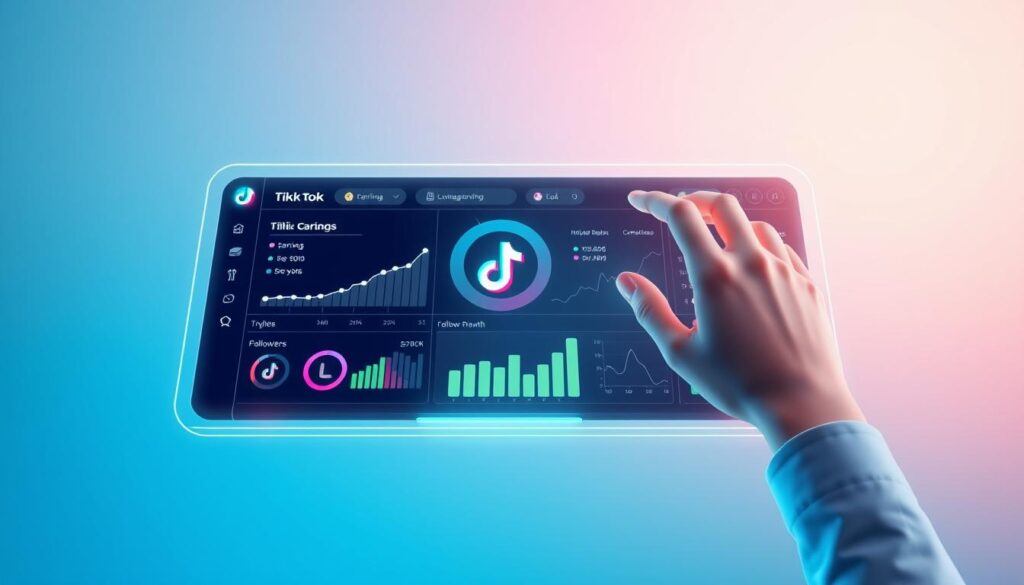 A modern, minimalist digital illustration showcasing a person measuring their TikTok affiliate performance on a sleek, holographic interface. The scene features a stylized hand interacting with a futuristic dashboard displaying metrics like earnings, engagement, and follower growth. The background is a gradient blend of cool, calming hues, creating a professional, technologically-advanced atmosphere. Soft, directional lighting accentuates the 3D-rendered elements, adding depth and a sense of high-end sophistication. The overall composition conveys the idea of optimizing and scaling a successful TikTok affiliate marketing strategy.