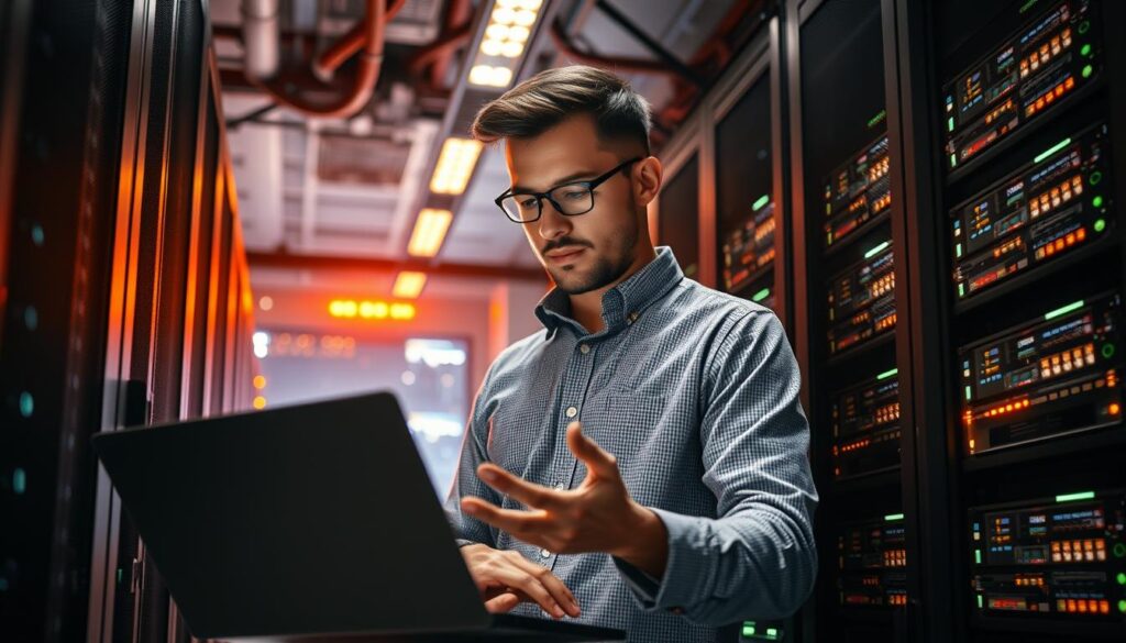 A professional network engineer standing in a server room, surrounded by blinking servers and cables. The engineer is focused, one hand on a laptop, the other gesturing as they troubleshoot a network issue. Warm, directional lighting illuminates the scene, casting dramatic shadows. The room has a clean, futuristic aesthetic with sleek, minimalist design. The engineer's expression conveys deep concentration and problem-solving expertise. An air of technical mastery pervades the image, showcasing the skills and responsibilities of a seasoned network professional.