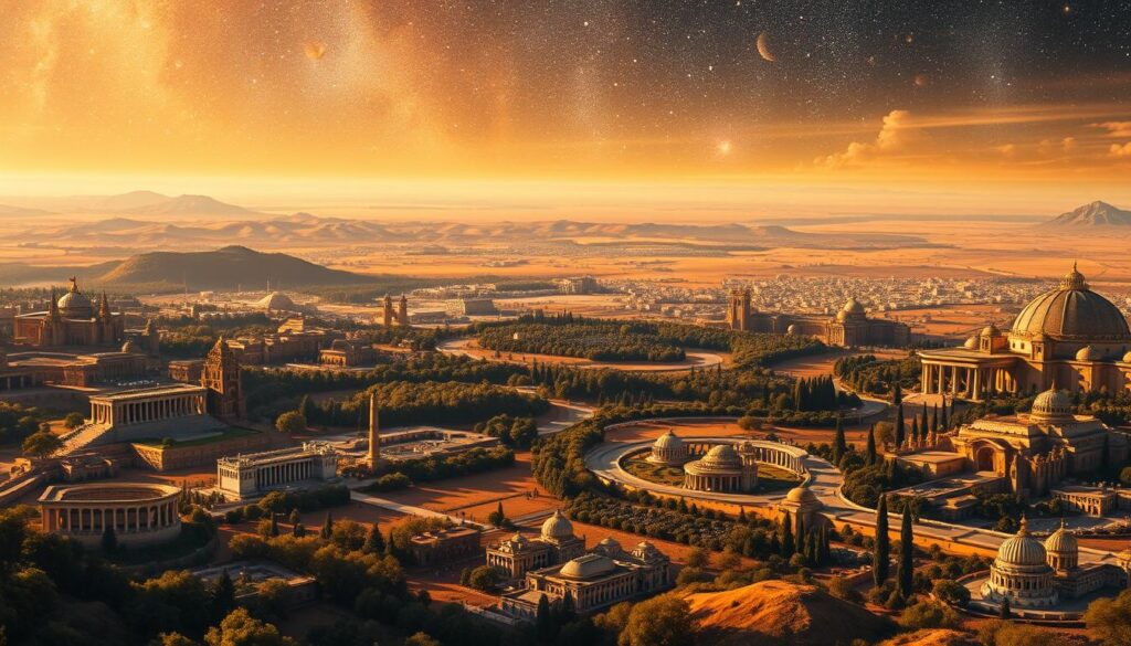 A vast, sweeping landscape spanning the ages, capturing the arc of human civilization. In the foreground, iconic monuments and structures from diverse eras - ancient ruins, medieval castles, modernist skyscrapers - representing the ebb and flow of cultures. The middle ground features a tapestry of landscapes, from lush forests to arid deserts, symbolizing the varied environments that have shaped and been shaped by human societies. In the distant background, a majestic sky ablaze with celestial bodies, evoking the timeless, cosmic perspective that frames the human story. The scene is illuminated by warm, golden light, casting a contemplative, almost reverent mood, inviting the viewer to ponder the grand sweep of history and the interconnected, ever-evolving nature of human civilization.