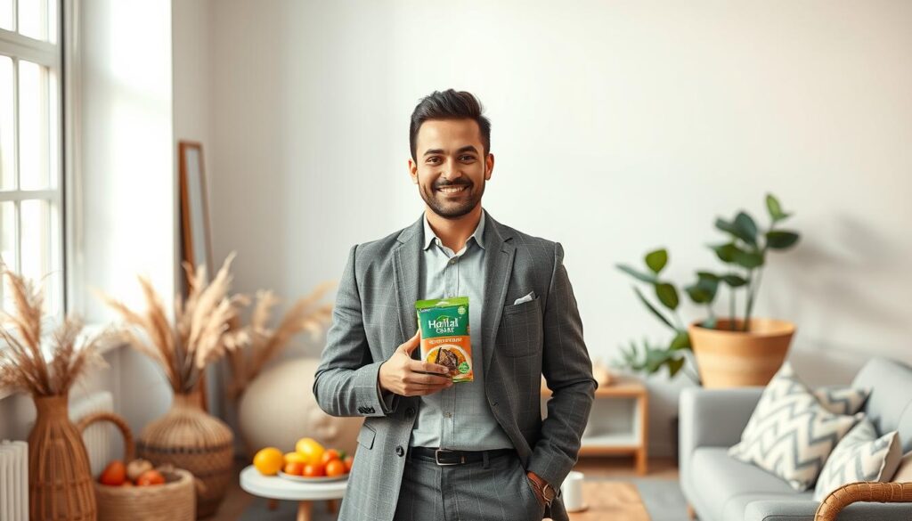 A well-dressed and charismatic influencer standing confidently in a modern, minimalist setting. They are holding a halal-certified product and surrounded by carefully curated lifestyle elements that convey a sense of authenticity, wholesomeness, and appeal to a health-conscious, socially aware audience. The lighting is soft and flattering, creating a warm, inviting atmosphere. The composition is balanced, with the influencer as the central focus, framed by complementary design elements that enhance the overall aesthetic. The image exudes a sense of aspirational yet relatable success, showcasing the power of influencer marketing to promote halal products in a visually captivating and culturally relevant manner. A well-dressed and charismatic influencer standing confidently in a modern, minimalist setting. They are holding a halal-certified product and surrounded by carefully curated lifestyle elements that convey a sense of authenticity, wholesomeness, and appeal to a health-conscious, socially aware audience. The lighting is soft and flattering, creating a warm, inviting atmosphere. The composition is balanced, with the influencer as the central focus, framed by complementary design elements that enhance the overall aesthetic. The image exudes a sense of aspirational yet relatable success, showcasing the power of influencer marketing to promote halal products in a visually captivating and culturally relevant manner.