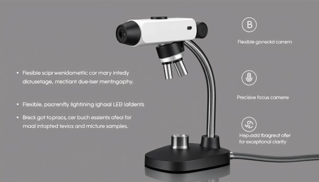 A digital USB microscope with a sleek, modern design, featuring a high-resolution camera and precise focus controls. The microscope stands on a sturdy metal base, with a flexible gooseneck arm allowing for adjustable positioning. Bright, evenly diffused LED lighting illuminates the subject, accentuating fine details and textures. The camera captures crisp, clear images with exceptional clarity, ideal for macro photography of small objects, intricate patterns, and delicate samples. The compact, plug-and-play design seamlessly integrates with a variety of devices, enabling easy, on-the-go exploration and documentation of the micro world.