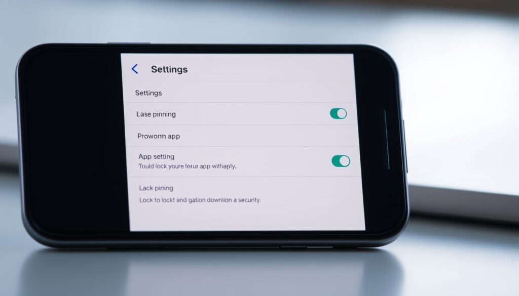 A modern smartphone screen with a settings menu open, displaying the "App pinning" option. The screen is well-lit with soft, natural lighting, creating a clean, professional look. The user interface is crisp and clear, with icons and text legible. The background is slightly blurred, keeping the focus on the settings menu. The overall mood is calm and informative, conveying the idea of preparing to lock down an app for security purposes.