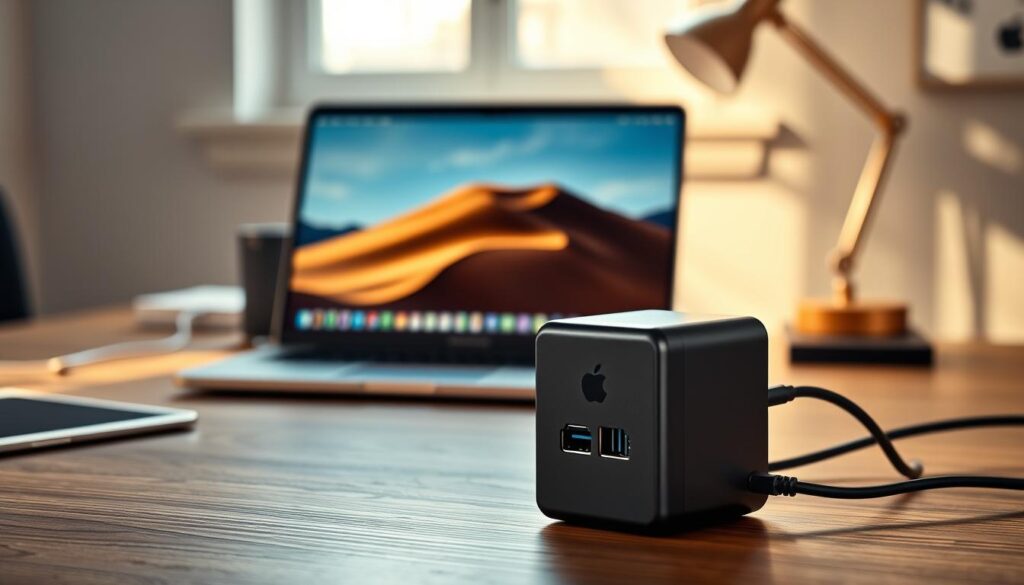 A sleek, modern USB-C GaN 100W adapter designed for Apple devices, positioned prominently in the foreground on a stylish wooden desk. The adapter showcases its compact design and multiple ports, reflecting high-tech sophistication. In the middle ground, an Apple laptop with a vibrant Retina display is connected to the adapter, displaying a 4K video output. Soft, natural lighting from a nearby window casts gentle shadows, creating a warm and inviting atmosphere. The background includes blurred elements like a stylish desk lamp and a few tech accessories, contributing to a professional workspace vibe. The composition focuses on the harmony between technology and design, emphasizing the adapter's efficiency and compatibility with iOS.