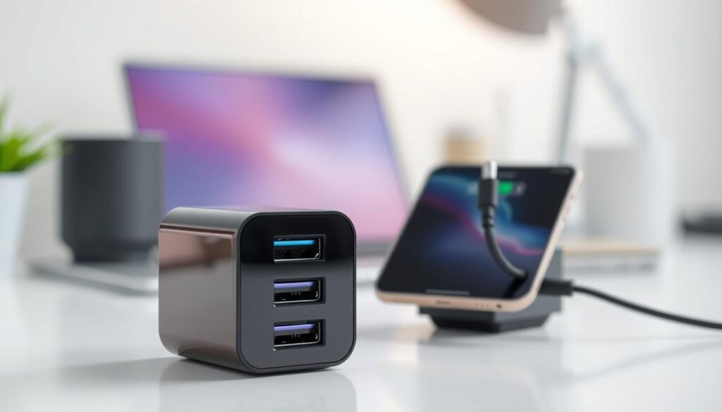 A sleek, modern USB-C adapter with an elegant design, highlighted in the foreground. The adapter should be displayed at an angle that shows its ports clearly, emphasizing its 100W capacity. In the middle ground, include a high-resolution close-up of a smartphone connecting to the adapter, showcasing compatibility with iOS devices. The background should be softly blurred to suggest a workspace environment, with subtle hints of a desk and tech accessories, providing context without distraction. The lighting should be bright and professional, highlighting the glossy finish of the adapter and creating a clean, efficient mood that conveys technological advancement. Aim for a photographic quality with a slight depth of field to enhance focus on the adapter.