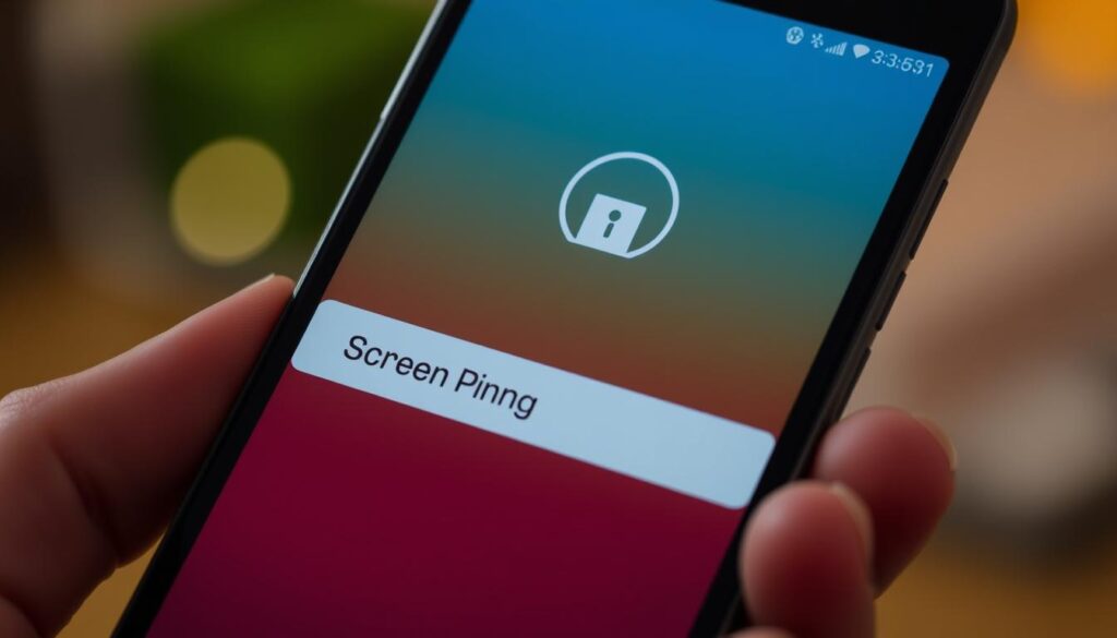 A smartphone screen displaying a locked Android app interface, with a "Screen Pinning" or "App Pinning" option prominently highlighted. The screen is well-lit, with a soft, warm glow emanating from the device. The background is slightly blurred, suggesting the user's focus is solely on the pinned app. The smartphone is held at a slight angle, showcasing the app's interface and the pinning feature in clear detail. The overall scene conveys a sense of security and control, highlighting the functionality of the app locking mechanism.