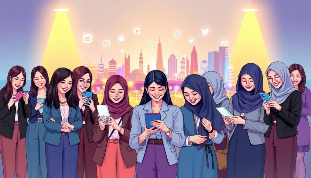 A vibrant and engaging illustration depicting the demographics of social media users in Indonesia, focusing primarily on women. In the foreground, a diverse group of Indonesian women of various ages, dressed in professional business attire and modest casual clothing, interacting with smartphones and laptops, displaying expressions of engagement and enthusiasm. In the middle ground, a dynamic digital landscape showcasing icons of popular social media platforms like Facebook, Instagram, and Twitter, symbolizing connectivity. The background features iconic Indonesian landmarks subtly blended into a colorful blur, reflecting a modern urban environment. The lighting is bright and inviting, with a warm golden hue to evoke a sense of positivity and community. The overall mood is informative yet empowering, capturing the significance of women's presence in Indonesia's social media landscape. A vibrant and engaging illustration depicting the demographics of social media users in Indonesia, focusing primarily on women. In the foreground, a diverse group of Indonesian women of various ages, dressed in professional business attire and modest casual clothing, interacting with smartphones and laptops, displaying expressions of engagement and enthusiasm. In the middle ground, a dynamic digital landscape showcasing icons of popular social media platforms like Facebook, Instagram, and Twitter, symbolizing connectivity. The background features iconic Indonesian landmarks subtly blended into a colorful blur, reflecting a modern urban environment. The lighting is bright and inviting, with a warm golden hue to evoke a sense of positivity and community. The overall mood is informative yet empowering, capturing the significance of women's presence in Indonesia's social media landscape.