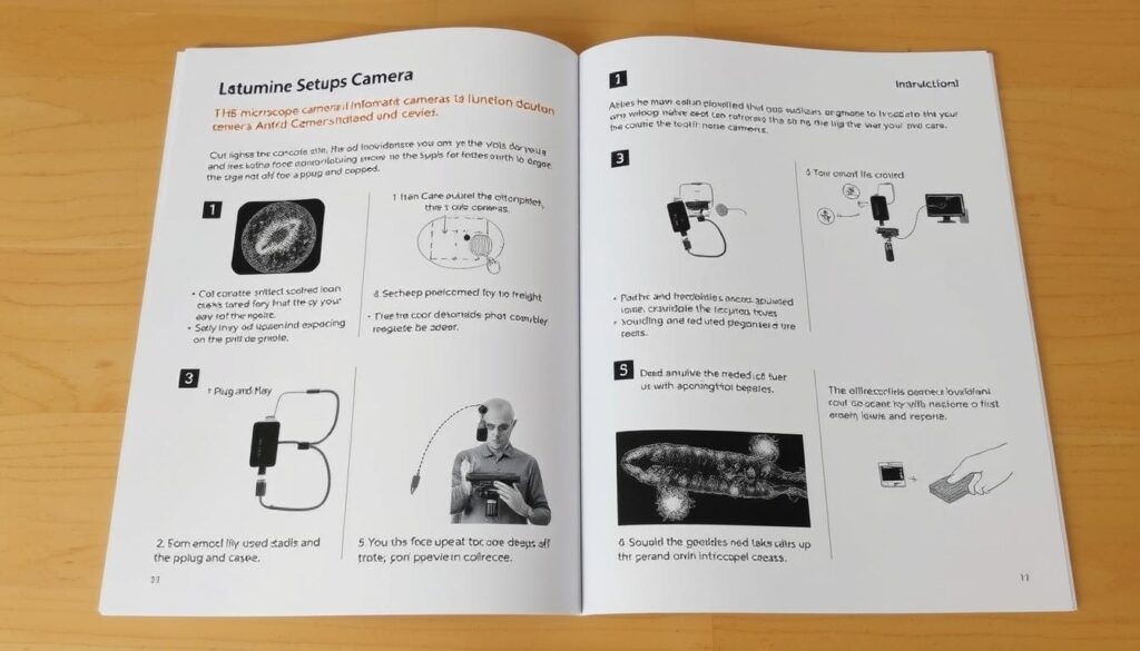 A well-organized instruction manual with clear step-by-step diagrams, showcasing the intuitive setup and operation of a USB microscope camera on an Android 14 device. The manual features a clean, minimalist layout with high-contrast visuals and intuitive icons to guide the user through the plug-and-play process. The overall mood is one of simplicity and accessibility, encouraging users of all technical skill levels to confidently capture stunning macro photographs with ease.
