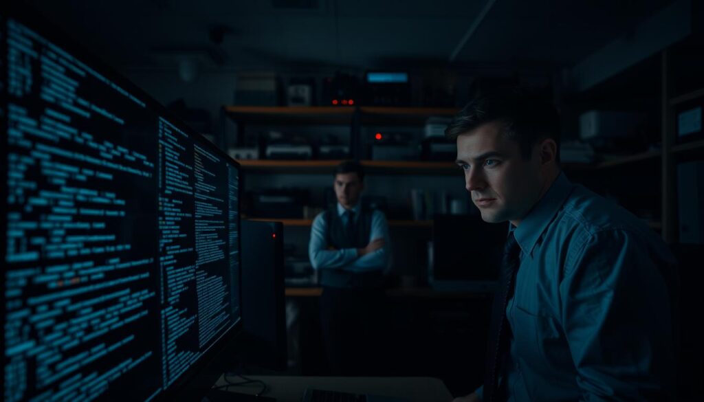 A darkly lit office setting filled with technology. In the foreground, a computer screen displays lines of code and data streams, glowing ominously, with a reflection of a concerned professional in business attire examining it closely. In the middle, partially obscured, are blurred figures engaged in intense discussion, hinting at information being exchanged or misused. The background features shelves cluttered with data storage devices and surveillance equipment, creating an atmosphere of unease and violation of privacy. The overall mood is one of tension and suspicion, enhanced by contrasting shadows and a moody, cool color palette, emphasizing the theme of data privacy breaches caused by AI tools. The image is captured from a slightly elevated angle to instill a sense of surveillance.