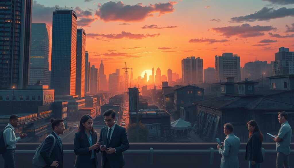 A dramatic urban landscape showcasing the stark contrast of socioeconomic inequality exacerbated by artificial intelligence. In the foreground, depict a small group of diverse individuals in professional attire, looking concerned and discussing data on portable devices, symbolizing their struggle. In the middle, illustrate a bustling city with opulent skyscrapers housing AI technology companies, contrasted by a run-down neighborhood with people lacking access to technology and resources. The background features a dusk sky, casting an orange glow that signifies tension, with beams of harsh artificial lighting illuminating the affluent area. Use a slightly upward angle to emphasize the divide, creating a mood of urgency and contemplation. The image should evoke a sense of disparity and highlight the impact of AI on social justice.