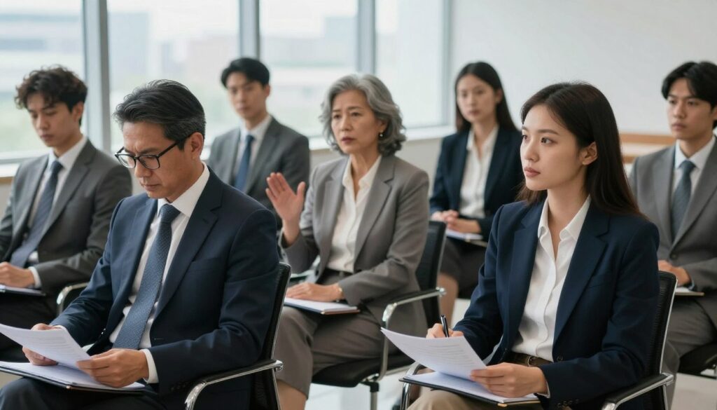 A group of diverse individuals seated in a modern conference room, each dressed in professional business attire, engaged in a serious discussion. The foreground features a middle-aged male politician with glasses, reviewing documents, while a young female politician thoughtfully takes notes. In the middle ground, an older female politician gestures emphatically, conveying authority, and a younger male politician leans forward, listening intently. The background showcases a large window with a cityscape view, allowing soft natural light to flow in, creating a bright and open atmosphere. The mood is tense yet focused, reflecting the weight of political controversies and discussions on accountability. Use a medium depth of field to emphasize the characters while keeping the background slightly blurred, capturing a contemporary and dynamic setting. A group of diverse individuals seated in a modern conference room, each dressed in professional business attire, engaged in a serious discussion. The foreground features a middle-aged male politician with glasses, reviewing documents, while a young female politician thoughtfully takes notes. In the middle ground, an older female politician gestures emphatically, conveying authority, and a younger male politician leans forward, listening intently. The background showcases a large window with a cityscape view, allowing soft natural light to flow in, creating a bright and open atmosphere. The mood is tense yet focused, reflecting the weight of political controversies and discussions on accountability. Use a medium depth of field to emphasize the characters while keeping the background slightly blurred, capturing a contemporary and dynamic setting.