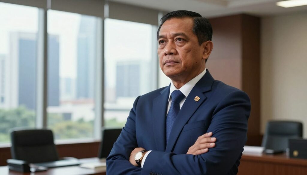 A middle-aged Indonesian man, serving as the deputy chairman of the Corruption Eradication Commission (KPK), stands confidently in an office setting. He is dressed in a smart, dark blue suit, with a matching tie, exuding professionalism and authority. The foreground captures his serious expression, reflecting determination and resilience against corruption, while his arms are crossed in a thoughtful pose. In the background, glimpses of Jakarta’s modern skyline with tall buildings symbolizing political power are visible through a large window, bathed in natural daylight. The lighting is soft, highlighting his features, and creating a contemplative yet assertive atmosphere. The angle is slightly low, emphasizing his stature and role in fighting corruption. A middle-aged Indonesian man, serving as the deputy chairman of the Corruption Eradication Commission (KPK), stands confidently in an office setting. He is dressed in a smart, dark blue suit, with a matching tie, exuding professionalism and authority. The foreground captures his serious expression, reflecting determination and resilience against corruption, while his arms are crossed in a thoughtful pose. In the background, glimpses of Jakarta’s modern skyline with tall buildings symbolizing political power are visible through a large window, bathed in natural daylight. The lighting is soft, highlighting his features, and creating a contemplative yet assertive atmosphere. The angle is slightly low, emphasizing his stature and role in fighting corruption.