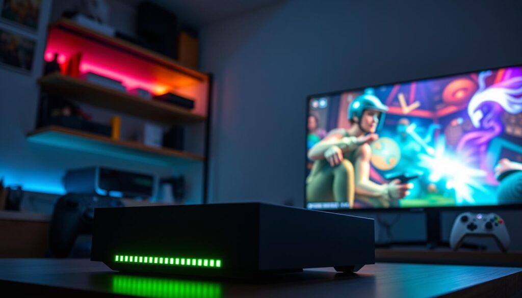 A modern gaming setup featuring an Xbox Series X prominently in the foreground, showcasing its sleek design and green LED accents. The midground includes a high-resolution gaming monitor displaying vibrant graphics, demonstrating ray tracing effects. In the background, subtle elements like a pantry with gaming accessories and ambient lighting create a cozy yet high-tech atmosphere. Soft ambient light casts a slight glow on the console, enhancing the tech aesthetic. The angle is slightly elevated, focusing on the console and screen, emphasizing responsiveness and player experience. The overall mood is dynamic and immersive, highlighting the excitement of gaming and the integration of advanced technologies like DLI, ALLM, and VRR.
