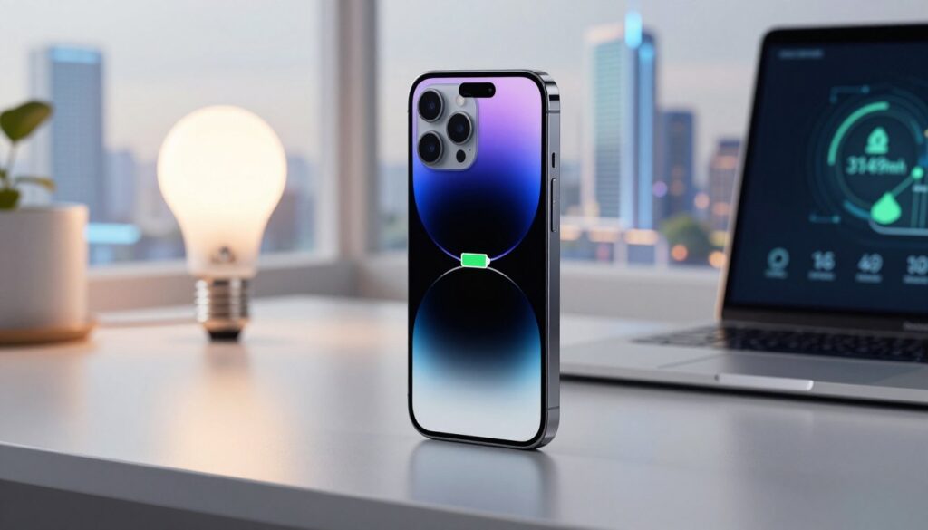A sleek and modern depiction of energy-saving technology, focusing on the latest iPhone model. In the foreground, a close-up of the iPhone 17, its slim 5.6mm profile elegantly displayed, with a vibrant battery icon showing its efficient 3149mAh power. In the middle, a soft-lit workspace featuring energy-efficient devices like a smart light bulb and a laptop with eco-friendly indicators. The background features a futuristic cityscape, symbolizing advanced energy-saving innovations. Soft, natural lighting filters through a window, casting gentle reflections on the devices. The mood is sophisticated and forward-thinking, highlighting the seamless integration of technology and sustainability in daily life.