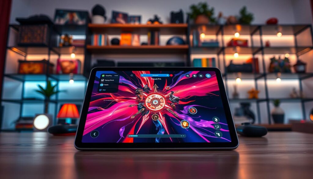 A sleek iPad Pro M1 displayed prominently in the foreground, showcasing its vibrant screen featuring a stunning RPG game interface, with rich colors reminiscent of Genshin Impact and Divinity 2. The middle ground features a stylish, modern gaming setup with ambient lighting that reflects a cozy, high-tech gaming atmosphere. Background elements include blurred shelves filled with gaming collectibles, emphasizing a professional gaming environment. The scene is illuminated by soft, warm lights, casting gentle shadows, enhancing the mood of excitement and immersion. The angle captures a slightly top-down view, intensifying the focus on the iPad and its graphics, while maintaining a fresh and inviting space, suitable for gaming enthusiasts. A sleek iPad Pro M1 displayed prominently in the foreground, showcasing its vibrant screen featuring a stunning RPG game interface, with rich colors reminiscent of Genshin Impact and Divinity 2. The middle ground features a stylish, modern gaming setup with ambient lighting that reflects a cozy, high-tech gaming atmosphere. Background elements include blurred shelves filled with gaming collectibles, emphasizing a professional gaming environment. The scene is illuminated by soft, warm lights, casting gentle shadows, enhancing the mood of excitement and immersion. The angle captures a slightly top-down view, intensifying the focus on the iPad and its graphics, while maintaining a fresh and inviting space, suitable for gaming enthusiasts.