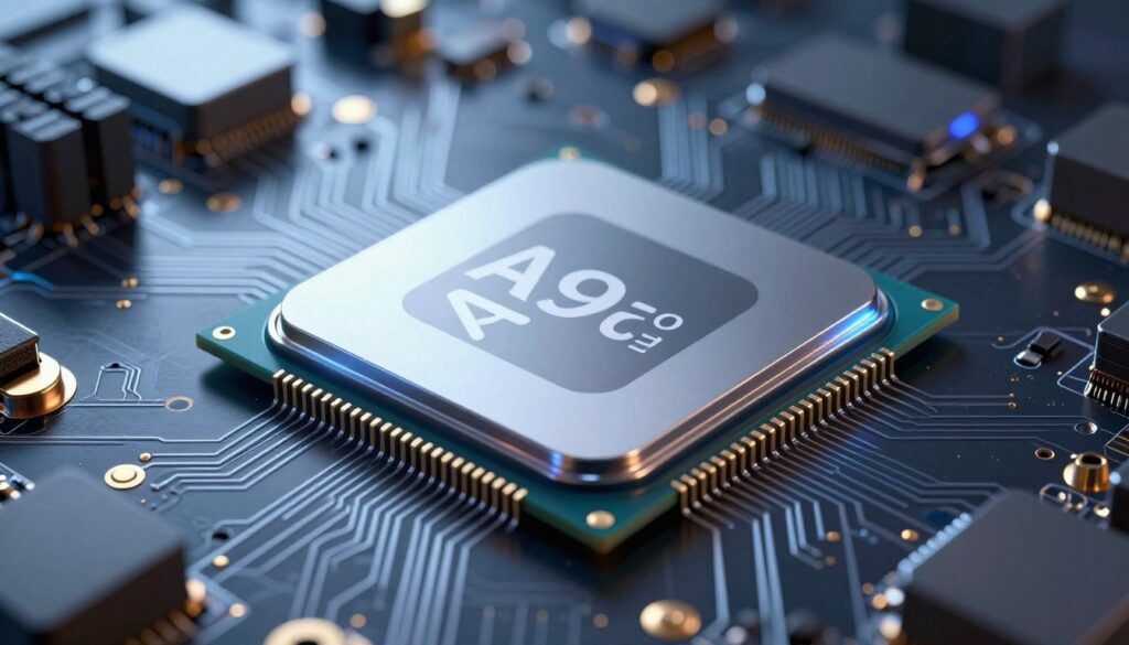 A visually striking representation of the A19 Pro chip, positioned prominently in the foreground, showcasing its intricate circuitry and sleek design. The chip is illuminated with dynamic lighting, highlighting its high-tech features against a softly blurred background that consists of advanced electronic components and circuit boards. The scene conveys a sense of cutting-edge technology and innovation, with cool tones of blue and silver creating a modern atmosphere. The camera angle is slightly elevated, offering a compelling view of the chip while maintaining a professional and polished look. There are no captions or text overlays, ensuring the focus remains solely on the A19 Pro chip and its impressive engineering.