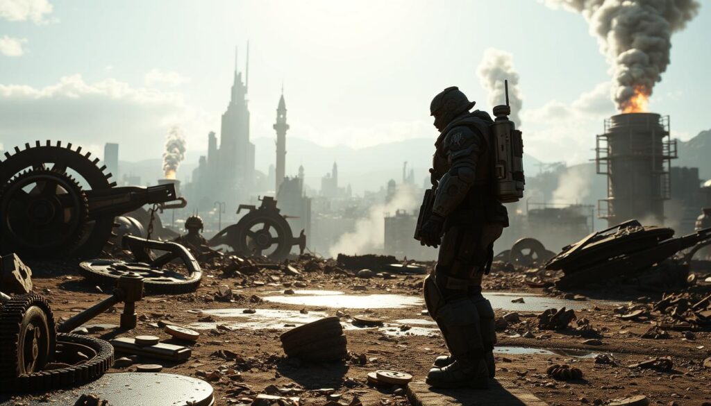 Visualize an ambitious scene from Gears 5, showcasing ultra graphics on an Xbox Series X, perfectly highlighting ray-traced effects. In the foreground, display a semi-destroyed futuristic landscape featuring intricate gear machinery and debris, shimmering with realistic reflections. The middle ground should feature a detailed character in tactical armor, ready for battle, cast in dramatic lighting. In the background, a war-torn cityscape looms, enhanced by dynamic lighting and shadows, highlighting the depth of field. Capture atmospheric elements like distant explosions and smoke, enveloping the scene in tension. Use a slightly low-angle shot to convey epic scale and intensity, with sharp focus on textures and environmental details, emphasizing the power of the GPU and ray tracing technology in an immersive, engaging atmosphere.
