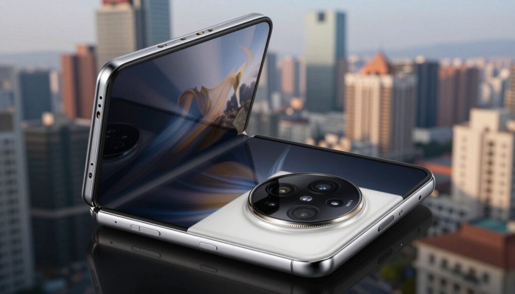A close-up image of a sleek, modern OPPO foldable smartphone showcasing its Hasselblad camera system prominently in the foreground, with the phone opened to reveal its stunning display. The camera lenses gleam under soft, diffused lighting that highlights their intricate design and reflects a sense of high technology. In the middle ground, a blurred scene of a vibrant cityscape captures the versatility of the smartphone’s camera capabilities, creating a dynamic and engaging background. The image should evoke an atmosphere of innovation and sophistication, emphasizing the blend of photography excellence with portable technology. The composition should utilize a slight overhead angle to emphasize the smartphone's features, ensuring no text or logos are present.