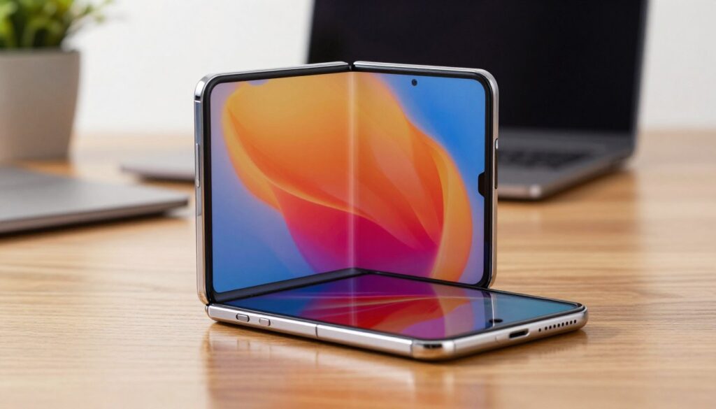 A close-up view of a sleek, modern foldable smartphone showcasing its impressive cover display in vibrant colors, with its screen partially opened to reveal the large main display behind. The smartphone is positioned on a stylish wooden table with subtle reflections and soft shadows. In the background, a softly blurred, contemporary workspace with a laptop and a potted plant adds depth to the scene. Bright, natural lighting illuminates the phone, enhancing its glossy finish and highlighting the sharpness of the screen. The overall mood is tech-savvy and innovative, suggesting a seamless transition from cover to expansive canvas, conveying the excitement and practicality of using a foldable device.