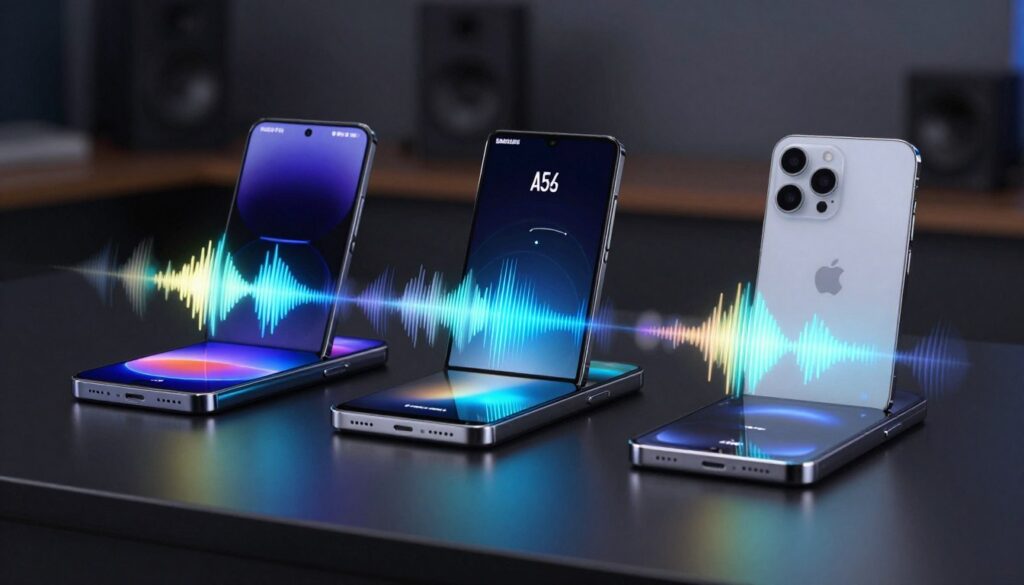 A high-tech scene featuring a close-up comparison of three smartphones: the POCO F6 Pro, Samsung A55, and iPhone SE 4. Each phone should be positioned on a sleek, dark reflective surface that highlights their speaker grills. In the foreground, focus on the devices with their screens illuminated, showcasing vibrant sound wave visualizations emanating from each speaker, symbolizing audio output. The middle layer includes subtle reflections of sound waves in the air. The background should be slightly blurred to suggest an audio testing environment, with dim, focused lighting that creates an engaging, professional atmosphere. Use a shallow depth of field to emphasize the smartphones while creating a sense of depth in the image.