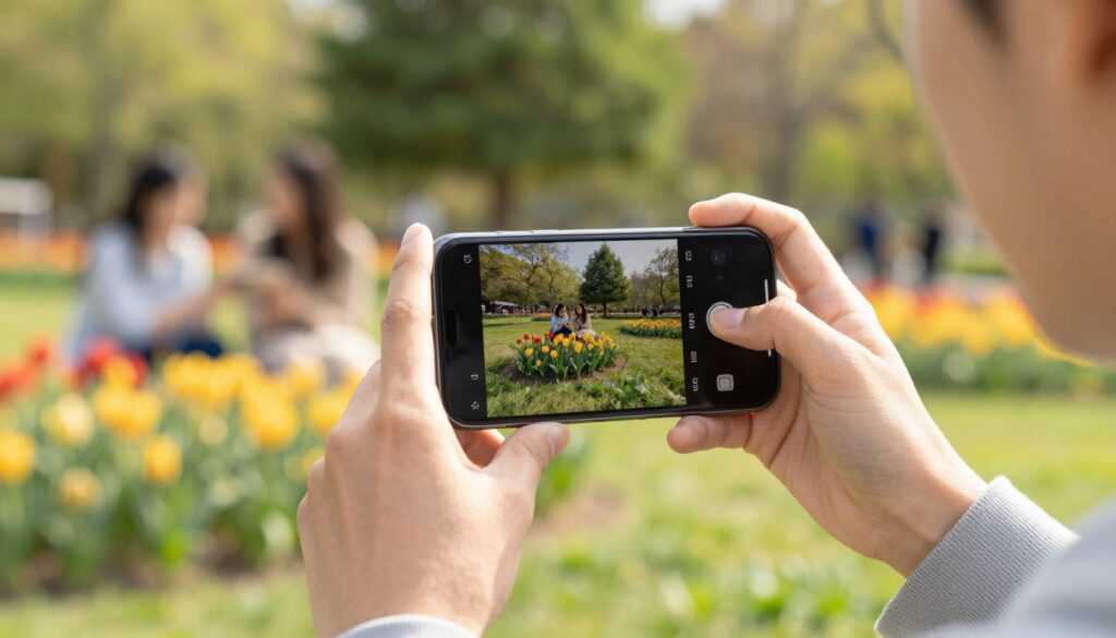 A modern smartphone with an elegant design recording a video, showcasing the lens glinting under bright, natural light. The foreground features the phone held by a person in smart casual clothing, intently focused on capturing a moment. The middle ground illustrates a vibrant outdoor setting, perhaps a park with lush greenery and colorful flowers, adding life to the scene. In the background, soft-focus people enjoying their day, creating a lively atmosphere without being distracting. Incorporate a warm, inviting color palette and a slight bokeh effect to emphasize the smartphone's capabilities in delivering high-quality audio and video. The overall mood should evoke creativity and inspiration in documenting experiences.